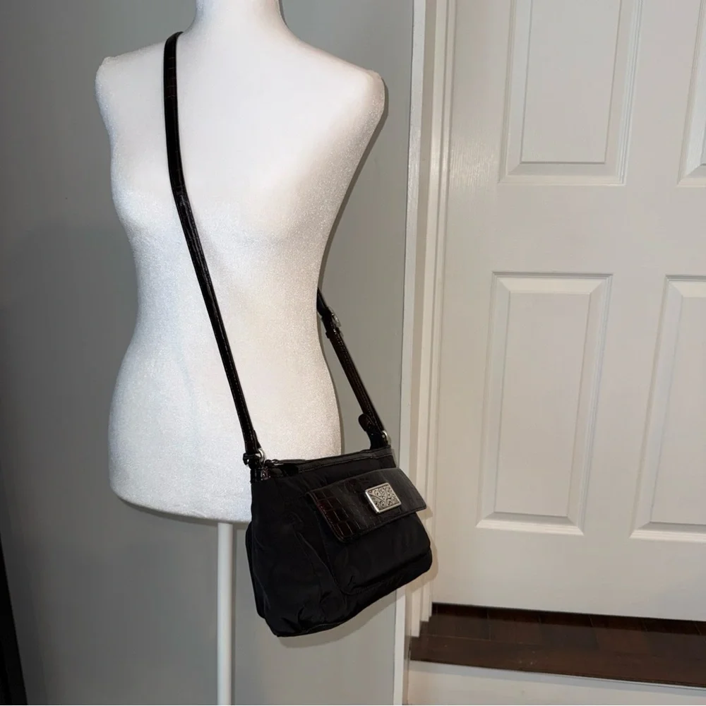 Brighton‎ Black Nylon Croc Embossed Leather Crossbody Bag F174135 Brown Trim